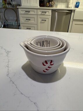 Rae Dunn White Ceramic Nesting Measuring Bowls with Red Candy Cane Accent